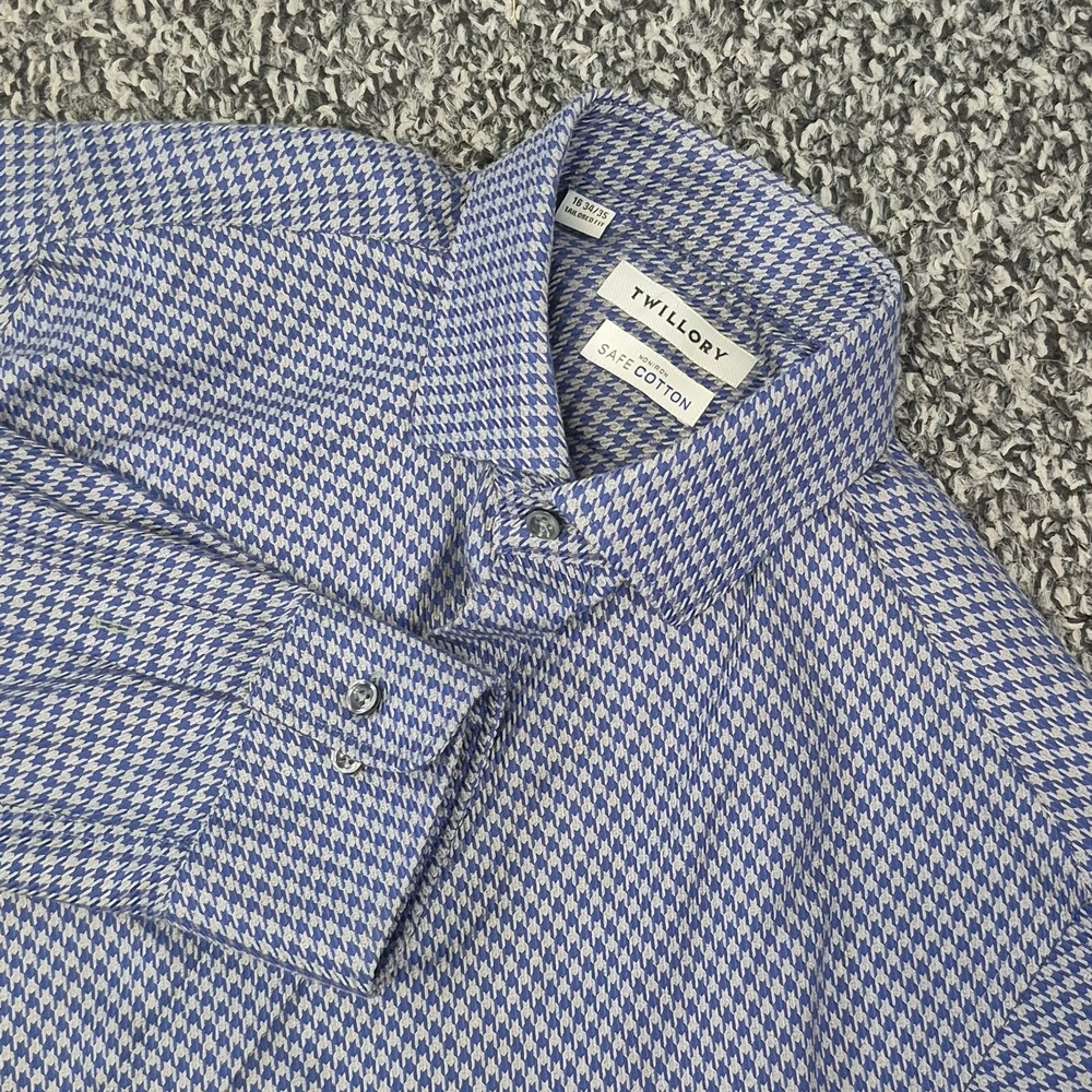 Twillory Mens Long Sleeve 16 34-35 Blue Gray Houndstooth NonIron Safe Cotton